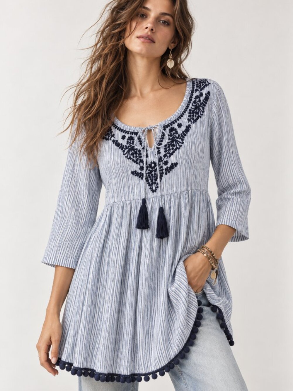 RUBYYAYA Blue White Embroidered Striped Boho Tunic Top Large